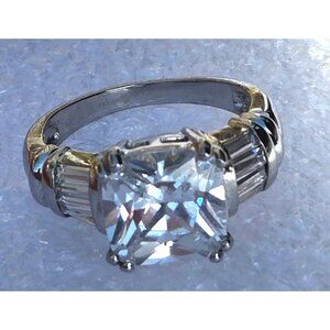 Square-Cut CZ Sterling Silver Ring With Baguette Accents Marked 925 Signed DBJ